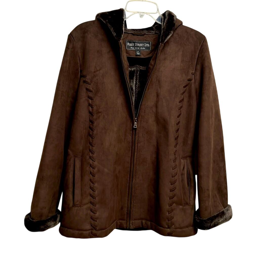 Fleet Street LTD Two Tone Brown Faux Suede Heavy Winter Hooded Coat Size M